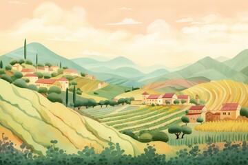 Obraz premium Illustration of farm on mountain painting agriculture landscape.