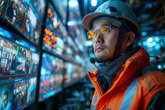 A focused engineer in safety gear operates a complex control center with multiple screens