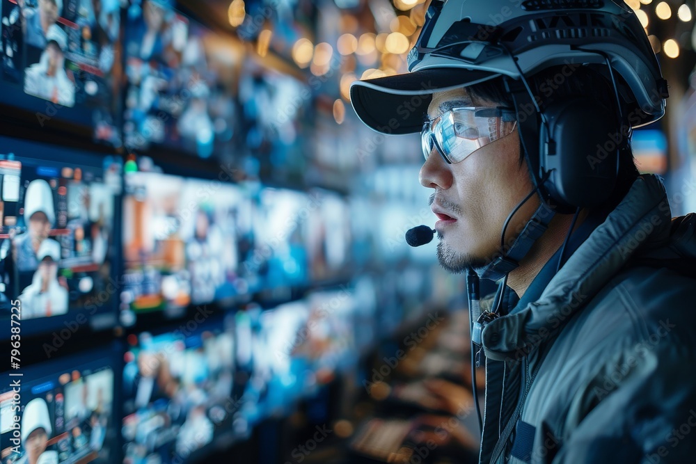Poster a person in a virtual reality headset stands before a wall of monitors displaying various data, repr