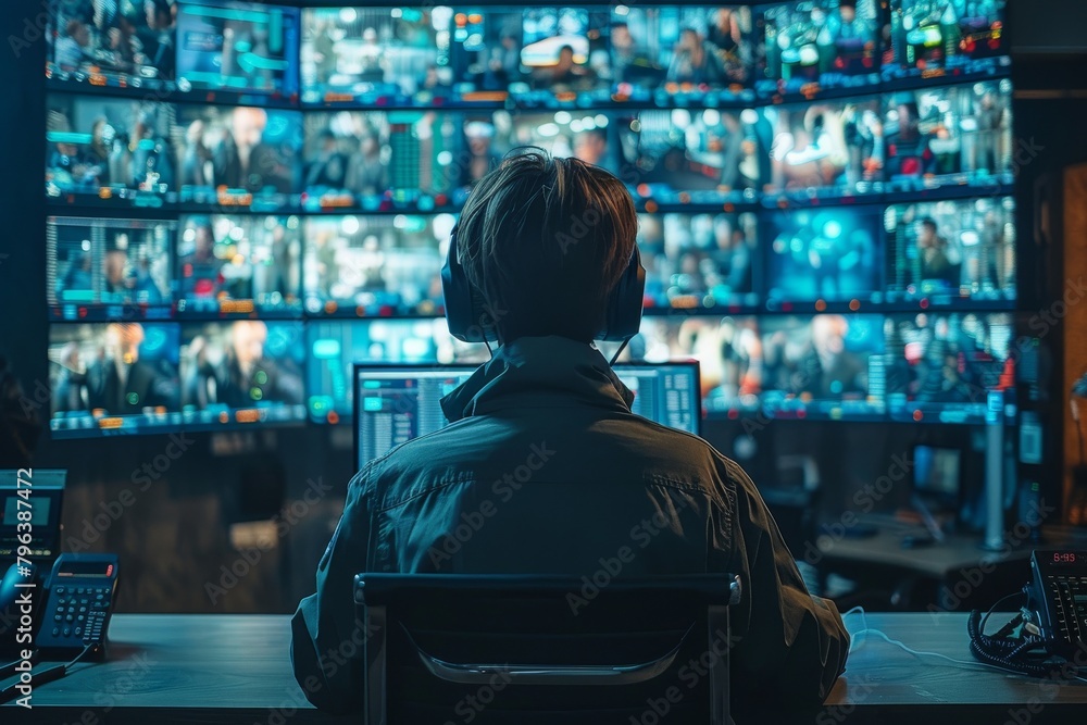 Aufkleber a person is seen from the back, facing a large array of monitors that display surveillance footage, 