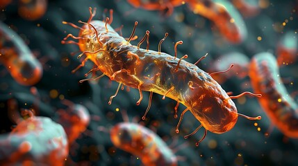 3D Illustration of E.coli bacteria, germs in the body,  close up of  microscopic, Image through a microscope,  AI-generated image