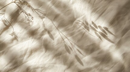 Floral sunlight shadows on a neutral beige cloth, aesthetic minimalist natural background with copy space