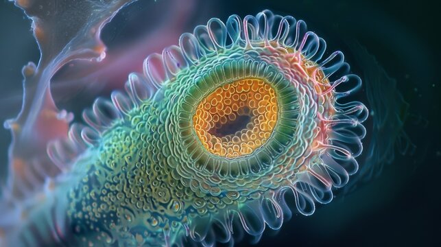 A zoomedin image of a single euglenoid showcasing its intricate structure and revealing the complex interplay between animal and plantlike