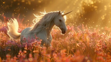 Fantasythemed book cover featuring a majestic white unicorn in a radiant field of pink flowers basking in the golden sunlight
