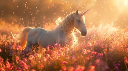 Obraz na płótnie Canvas Fantasythemed book cover featuring a majestic white unicorn in a radiant field of pink flowers basking in the golden sunlight