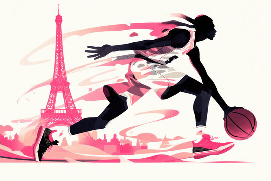 Pink watercolor paint of basketball player dribble ball by eiffel tower