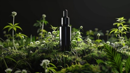 Black glass bottle with pipette on green moss surrounded by cannabis flowers. Black background....