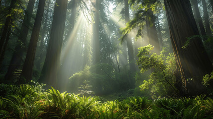 In the majestic redwood forest, capture the enchanting interplay of light piercing through the thick canopy.