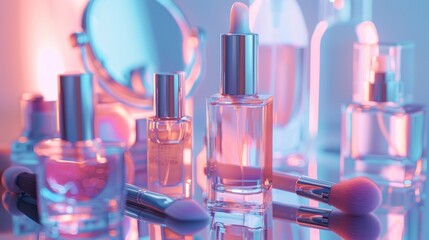 Cosmetic products and mirror on the table Makeup brushes and highlighters or shadows Examples of perfumes, bottles, and jars containing oils or serums
