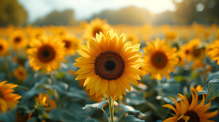 Group of sunflowers with bright yellow petals and brown centers in a sunny field
