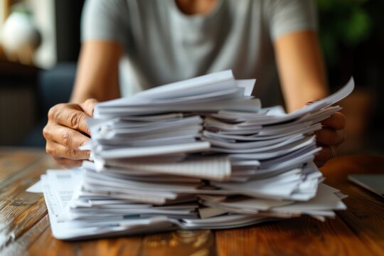 A person's hands sort through a messy pile of papers on a wooden desk, indicating the search for important documents