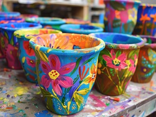 A row of painted flower pots sit on a table