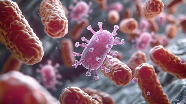 3D Illustration of E.coli bacteria, germs in the body,  close up of  microscopic, Image through a microscope,  AI-generated image