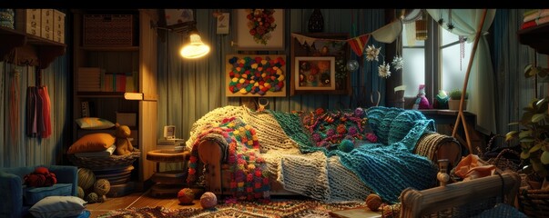 A room with a couch covered in a colorful blanket and a lamp on a table
