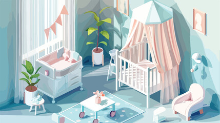 Baby room is a baby bed on wheels with a canopy  a ta