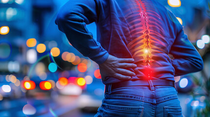 Futuristic biomedical concept of a holographic scanning a patient's backbone for spinal disc herniation diagnosis  3d illustration, 3d rendering with copy space	 - obrazy, fototapety, plakaty