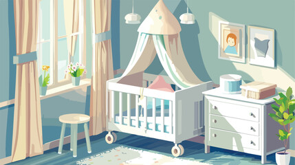 Baby room is a baby bed on wheels with a canopy  a ta - obrazy, fototapety, plakaty