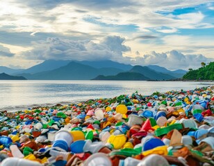 Colorful plastics in the seashore ai