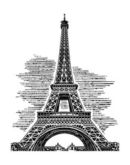 eiffel tower engraving black and white outline