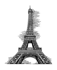 eiffel tower engraving black and white outline