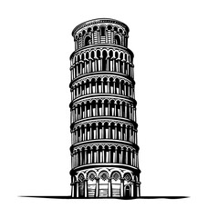 pisa tower engraving black and white outline