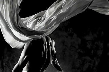 Black and white artistic photo capturing a male torso with a flowing fabric, expressing movement and form.
 - obrazy, fototapety, plakaty