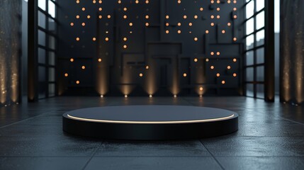 Commercial podium mockup for a new software launch featuring sleek black surfaces and interactive touchscreens for demonstrations