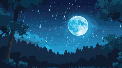 Beautiful night forest scene with a full moon and fal