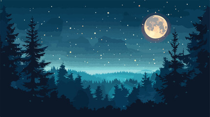 Beautiful night forest scene with a full moon and fal