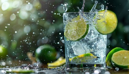 Commercial photography featuring a lime dropping into sparkling water capturing the dynamic splash for a refreshing beverage ad