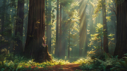 Amidst the majestic redwoods, capture the enchanting dance of sunlight filtering through the thick canopy. - obrazy, fototapety, plakaty