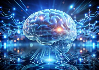 Digital technologies of the future. Artificial intelligence. The brain and digital codes on a virtual screen. The image was created using artificial intelligence.