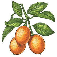 Loquat or kumquat branch with fruits and leaves. Vector illustration.