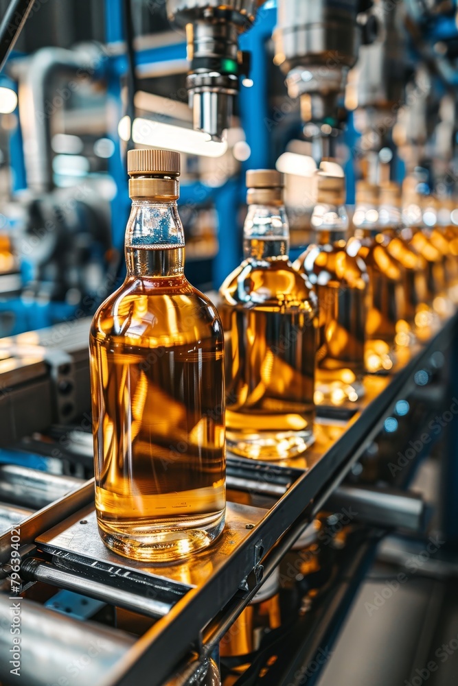 Poster whiskey bottling process at a standard factory production line for optimal efficiency