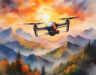 A flying Mobile drone in the sky digital water color