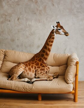 petite girafe sur un canapé crème en intérieur en ia