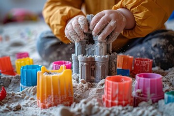 A closeup of a childs hands gently molding wet sand into a castle tower, with colorful plastic molds lying nearby