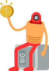 Humanoid Character Sitting on Safe and Holding Dollar Coin
