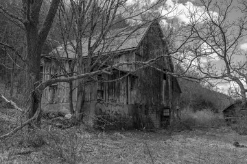 Abandoned barn in the Delaware Water Gap  National Recreation Area in black and white