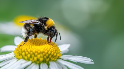 Bee on daisy flower in garden