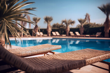 Obraz premium Swimming pool with sun loungers and palm trees on background