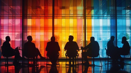 Evocative portrait of a professional meeting, silhouettes framed by the dazzling array of colors from the window that illuminates their gathering