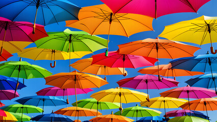 Fototapeta na wymiar Colourful umbrellas in the sky with nice sky blue color