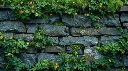Moss-covered stone wall with tiny ferns and wildflowers growing between cracks