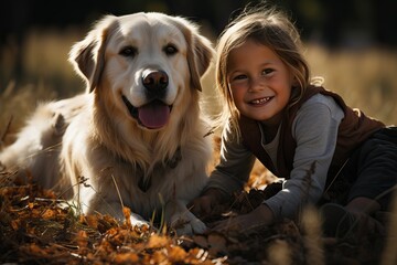Portrait of a child with a labrador in the park on the grass. - obrazy, fototapety, plakaty