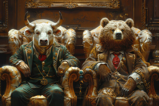 A cow and bear in suits sit on armchairs in a cinematic movie scene. Created with Ai