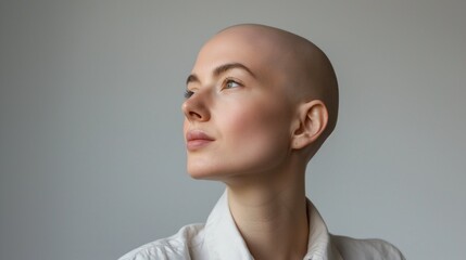 Young caucasian beautiful bald woman with alopecia or after cancer treatment in remission period headshot photo on neutral studio background