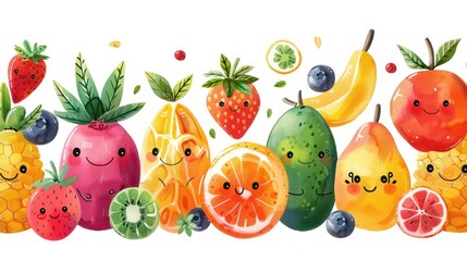 Illustration of fruit turned into whimsical characters, each expressing unique personalities