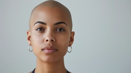 Young ethnic beautiful bald woman with alopecia or after cancer treatment in remission period profile headshot photo on neutral studio background