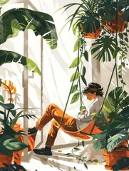 Illustration of someone taking an afternoon siesta in a swing chair, surrounded by potted plants and gentle sunlight